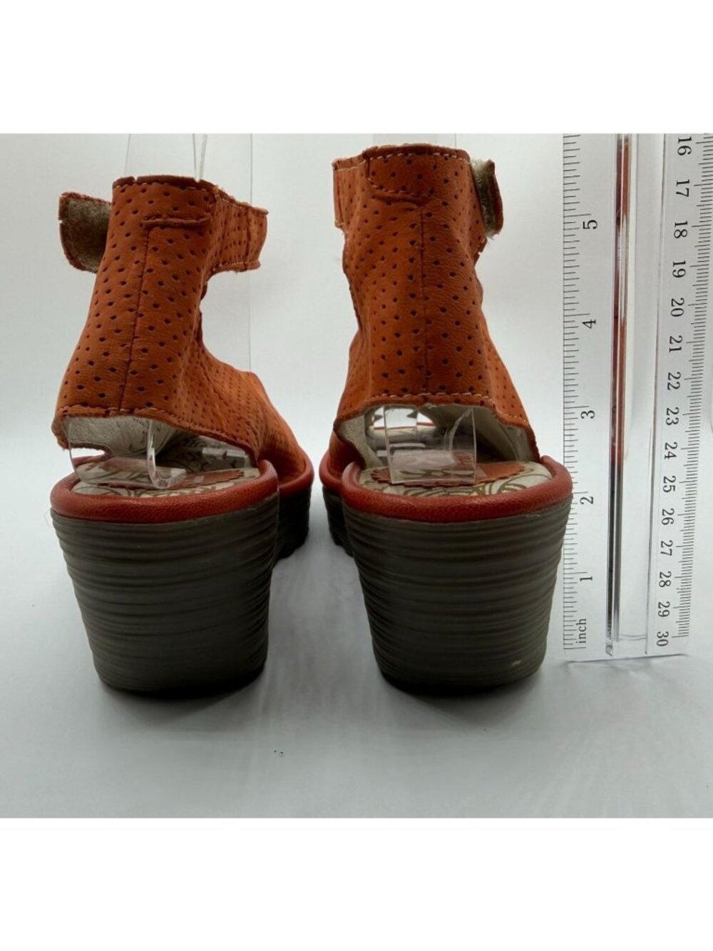 Fly London Yala Wedge Sandal Size EU37/ US6.5 Orange Perforated Leather Shoes - Picture 10 of 13